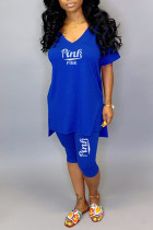 Blue Fashion Casual Letter Print Slit V Neck Short Sleeve Two Pieces