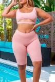 Pink Sportswear Solid Hollowed Out Patchwork U Neck Sleeveless Two Pieces