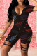 Black Street Print Hollowed Out Patchwork V Neck Skinny Rompers