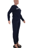 Deep Blue Casual Print Patchwork O Neck Long Sleeve Two Pieces