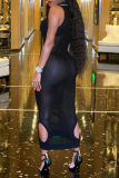 Black Sexy Solid See-through Half A Turtleneck Pencil Skirt Dresses