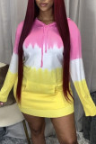 Pink Casual Gradual Change Print Patchwork Pocket Hooded Collar Straight Dresses