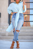 Light Blue Fashion Casual Solid Slit Turndown Collar Tops