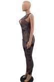 Black Fashion Sexy Print Hollowed Out Backless One Shoulder Skinny Jumpsuits