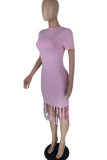 Pink Fashion Casual Solid Tassel O Neck Short Sleeve Dress
