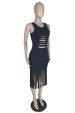 White Fashion Sexy Solid Tassel Hollowed Out O Neck Vest Dress