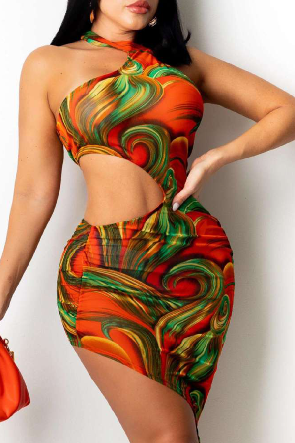 Red Sexy Print Hollowed Out Halter Pencil Skirt Dresses