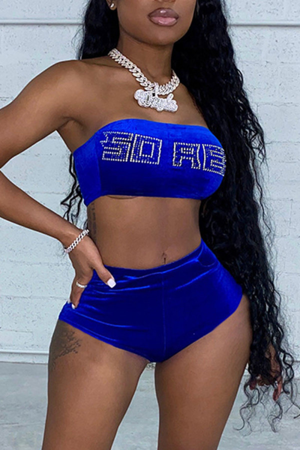 Blue Sexy Print Patchwork Strapless Sleeveless Two Pieces