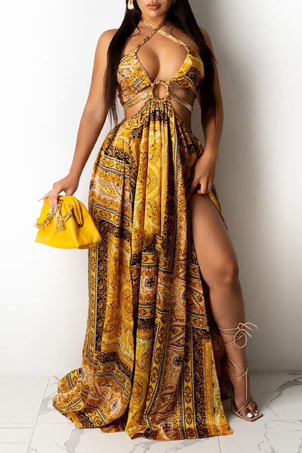 Yellow Sexy Print Hollowed Out Halter Cake Skirt Dresses