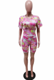 Colour Casual Print Patchwork O Neck Short Sleeve Two Pieces