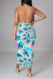 Blue Sexy Print Tie Dye Backless Strap Design Halter Sleeveless Dress