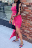 Rose Red Sexy Casual Solid Slit Spaghetti Strap Sleeveless Two Pieces