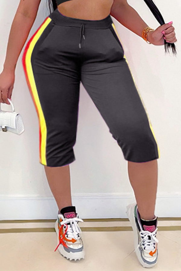 Black Casual Striped Patchwork Skinny High Waist Pencil Solid Color Bottoms