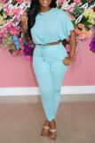 Pink Fashion Casual Solid Bandage O Neck Short Sleeve Two Pieces