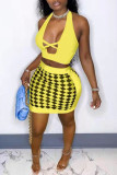 Yellow Sexy Casual Print Hollowed Out Backless Halter Sleeveless Two Pieces