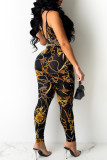 Black Fashion Sexy Print Hollowed Out Backless One Shoulder Skinny Jumpsuits