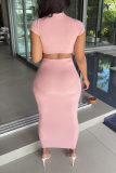 Pink Sexy Solid Hollowed Out O Neck Short Sleeve Two Pieces