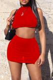 Red Casual Solid Split Joint Half A Turtleneck Sleeveless Two Pieces