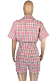 Pink Fashion Casual Plaid Print Bandage Turndown Collar Short Sleeve Two Pieces