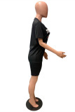 Black Fashion Casual Letter Print Basic O Neck Short Sleeve Two Pieces