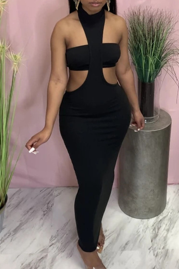Black Sexy Solid Patchwork Backless Halter Sleeveless Two Pieces