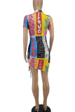 Multi-color Street Print Split Joint Draw String Half A Turtleneck Irregular Dress Dresses