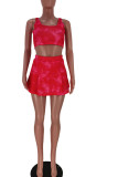 Rose Red Sportswear Print Split Joint U Neck Sleeveless Two Pieces