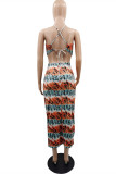 Multicolor Fashion Sexy Print Backless Slit Spaghetti Strap Sleeveless Two Pieces