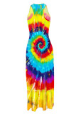 Yellow Fashion Casual Tie Dye Printing U Neck Vest Dress