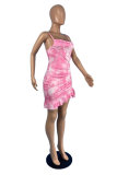 Pink Fashion Sexy Print Draw String Backless Spaghetti Strap Sleeveless Dress Dresses