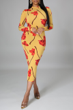 Yellow Sexy Print Patchwork V Neck Pencil Skirt Dresses