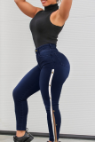 Deep Blue Casual Solid Buckle Plus Size Jeans
