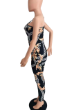 Black Sexy Print Patchwork One Shoulder Skinny Jumpsuits