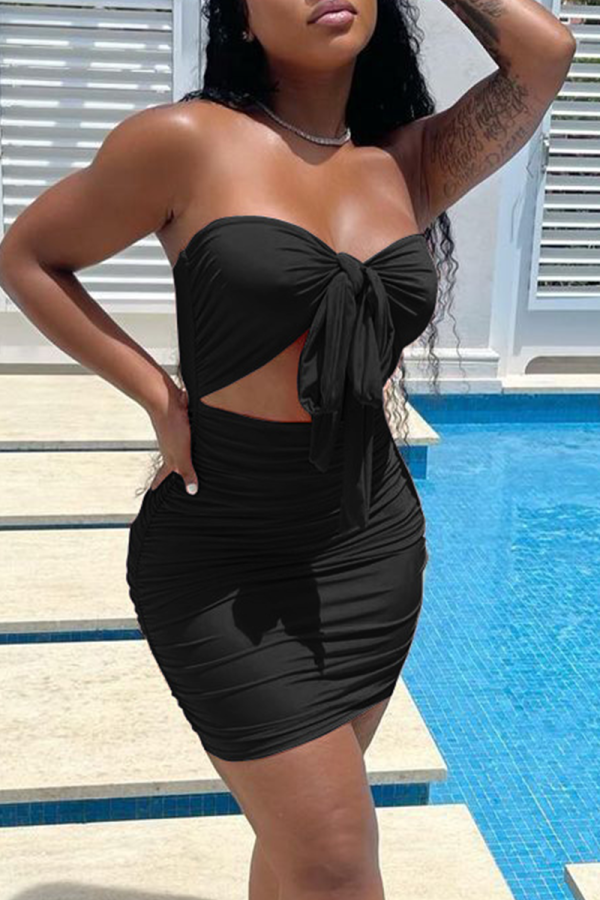 Black Sexy Solid Patchwork Strapless Pencil Skirt Dresses