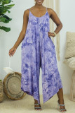 White Blue Sexy Casual Print Tie Dye Backless Spaghetti Strap Regular Jumpsuits