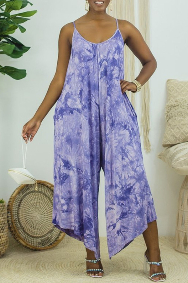White Purple Sexy Casual Print Tie Dye Backless Spaghetti Strap Regular Jumpsuits