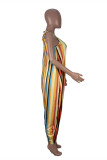 Colour Fashion Casual Striped Print Bandage Spaghetti Strap Loose Jumpsuits