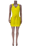 Yellow Sexy Solid Flounce V Neck Pencil Skirt Dresses
