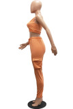 Orange Casual Solid Split Joint Spaghetti Strap Sleeveless Two Pieces