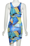 Green Sexy Print Patchwork V Neck Pencil Skirt Dresses