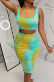 Colour Sweet Print Patchwork U Neck Sleeveless Two Pieces