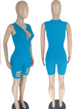 Blue Casual Solid Hollowed Out Patchwork Zipper O Neck Skinny Rompers