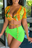Green Sexy Print Split Joint V Neck Short Sleeve Two Pieces