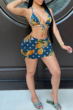 Blue Fashion Sexy Print Backless Strap Design Swimwears
