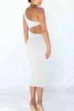 Red Sexy Solid Hollowed Out Patchwork Oblique Collar Pencil Skirt Dresses