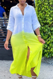 Yellow Casual Patchwork Patchwork Turndown Collar Irregular Dress Dresses