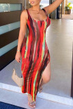 Red Fashion Sexy Print Backless Slit U Neck Vest Dress Dresses