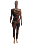 Red Sexy Print Patchwork One Shoulder Long Sleeve Two Pieces