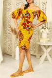 Yellow Fashion Print Backless Off the Shoulder Short Sleeve Dress