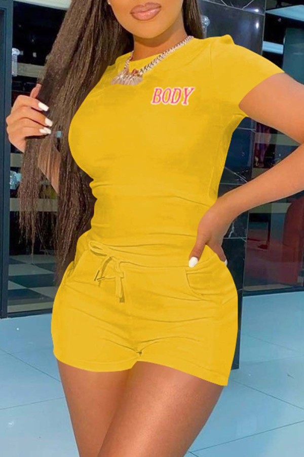 Yellow Fashion Casual Letter Print Basic O Neck Short Sleeve Two Pieces